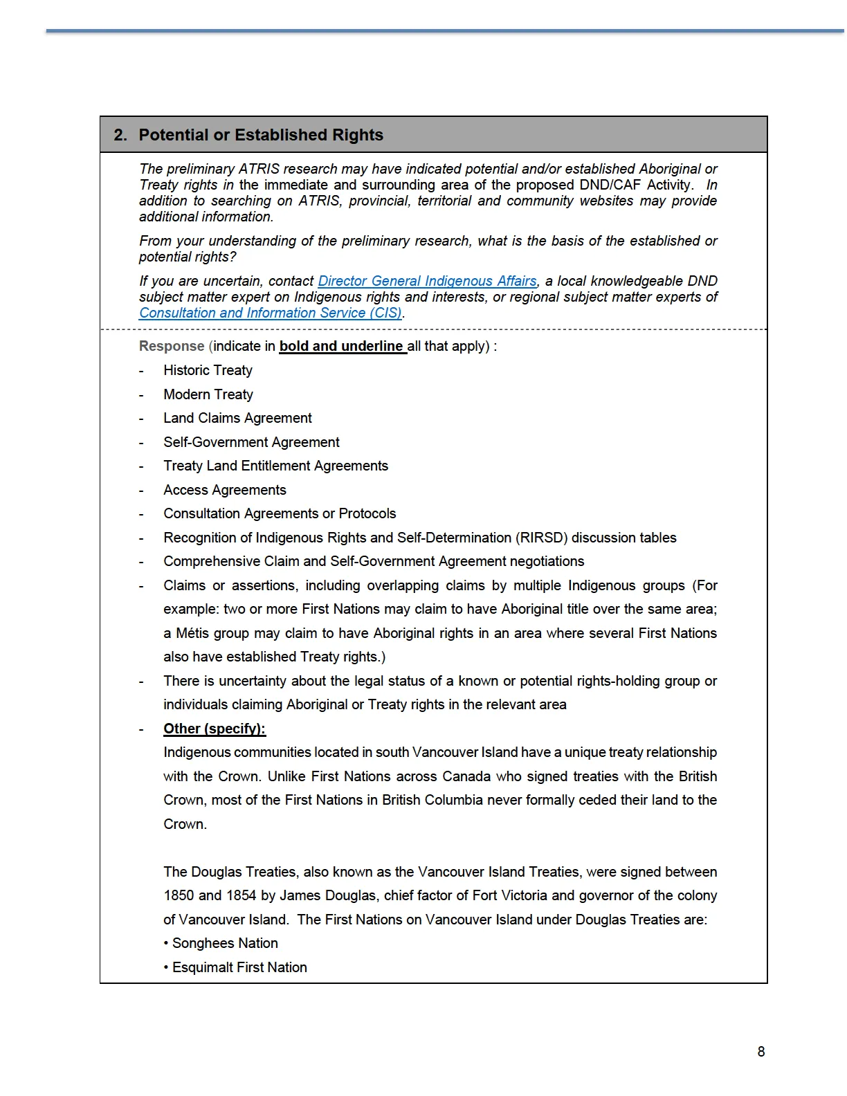 Page beginning response for potential or established rights, citing Douglas Treaties
