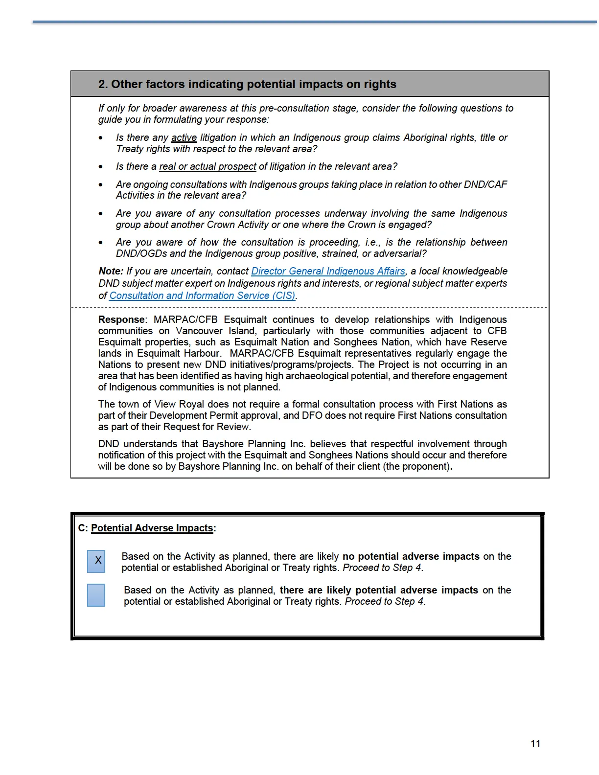 Page discussing other factors and stating likely potential adverse impacts determination