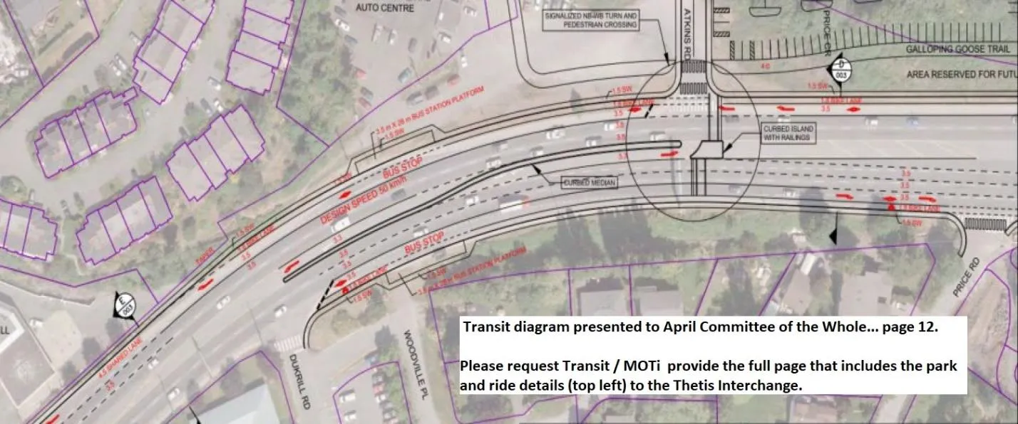 Technical transit diagram showing proposed bus stops and station platforms near Atkins Road