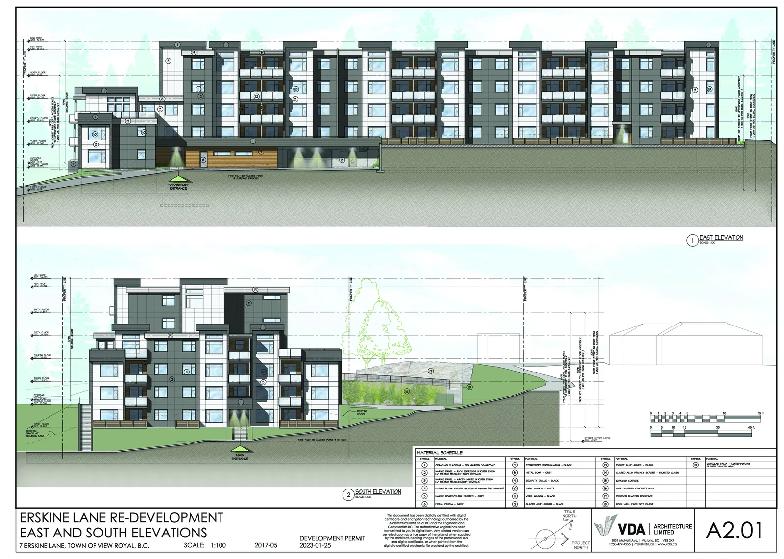 East and South architectural building elevations with height markings