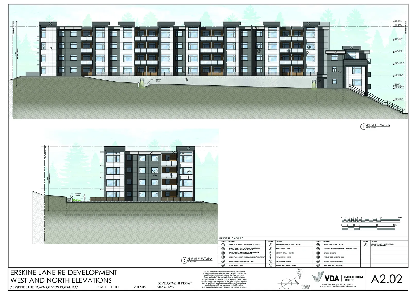 West and North architectural building elevations detailing exterior finishes