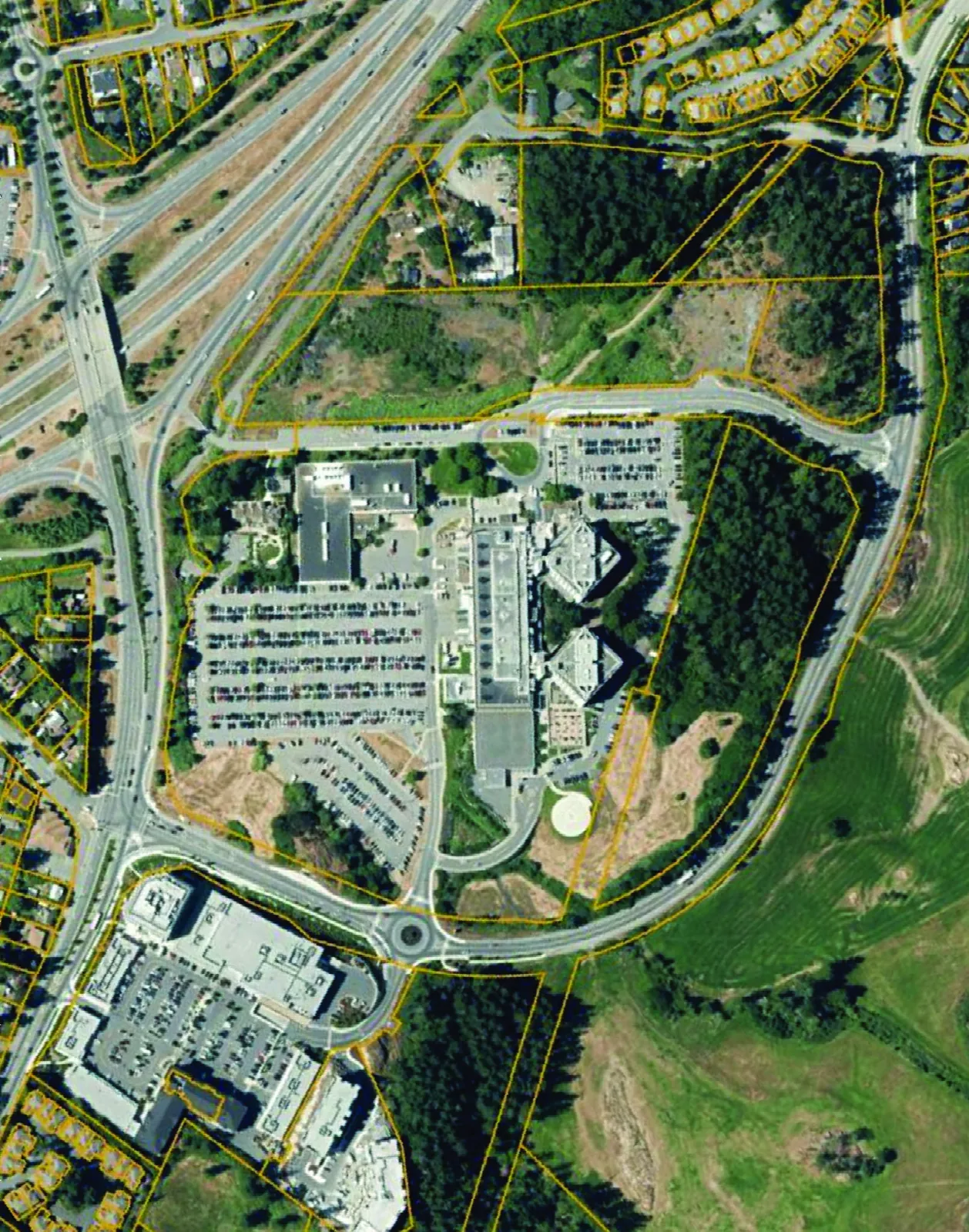 Aerial context map showing the development site at 7 Erskine Lane relative to the Victoria General Hospital, Trans-Canada Highway, and Galloping Goose Regional Trail