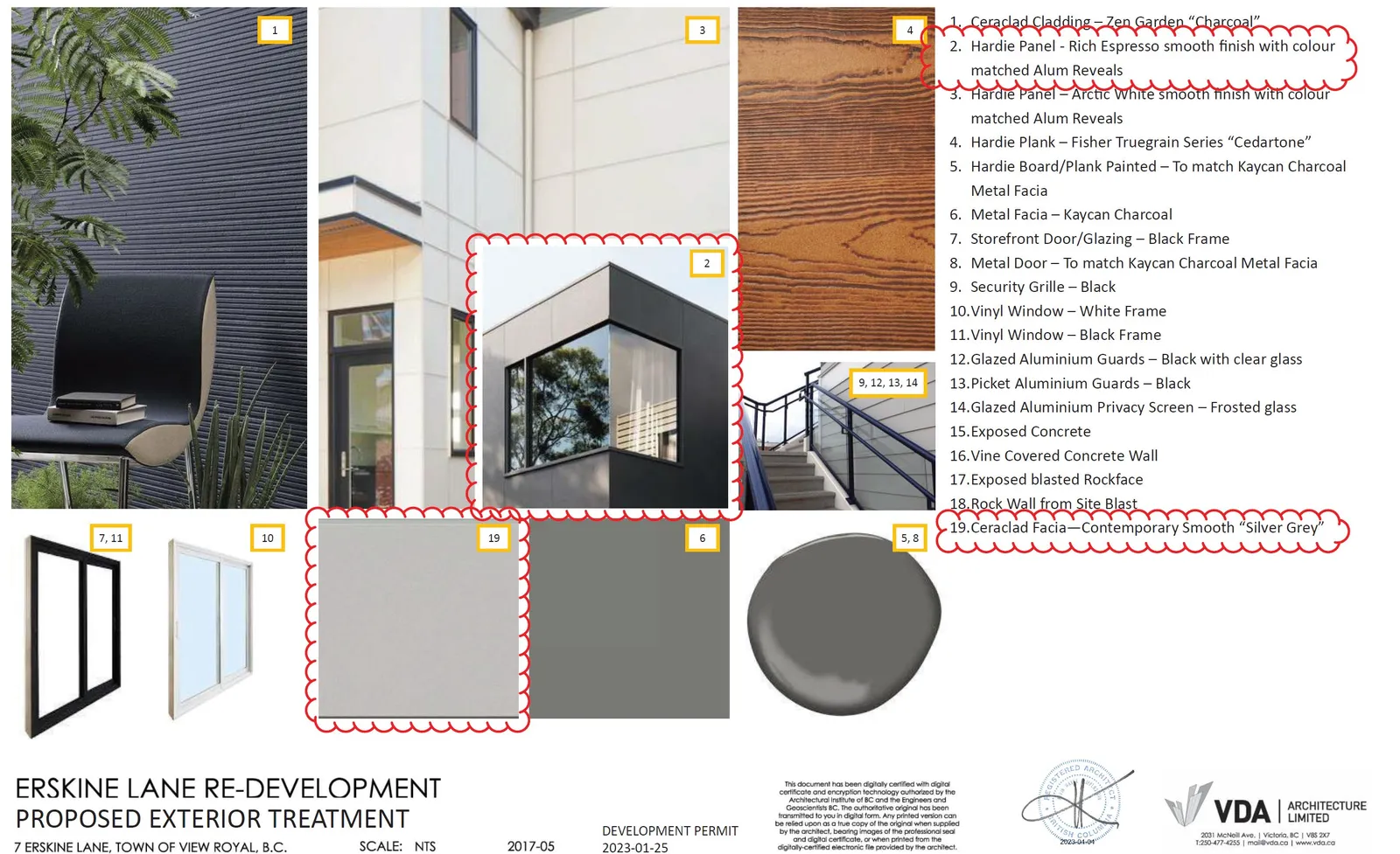 Materials board showing the currently proposed exterior treatments with specific updates