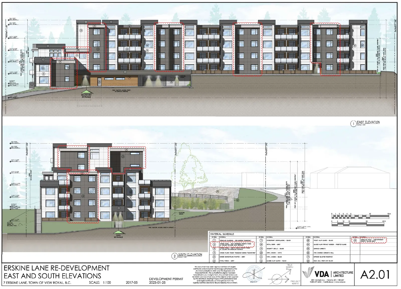 Detailed architectural drawings of the building's East and South Elevations