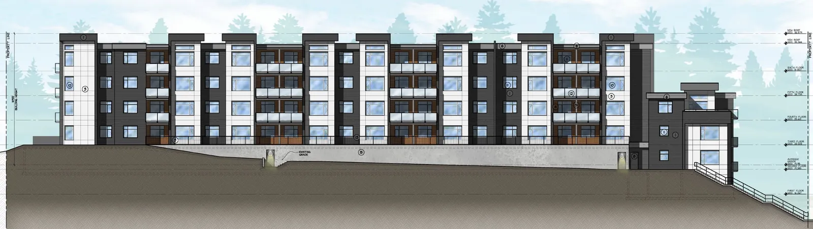 East elevation drawing highlighting the maximum building height relative to the average grade