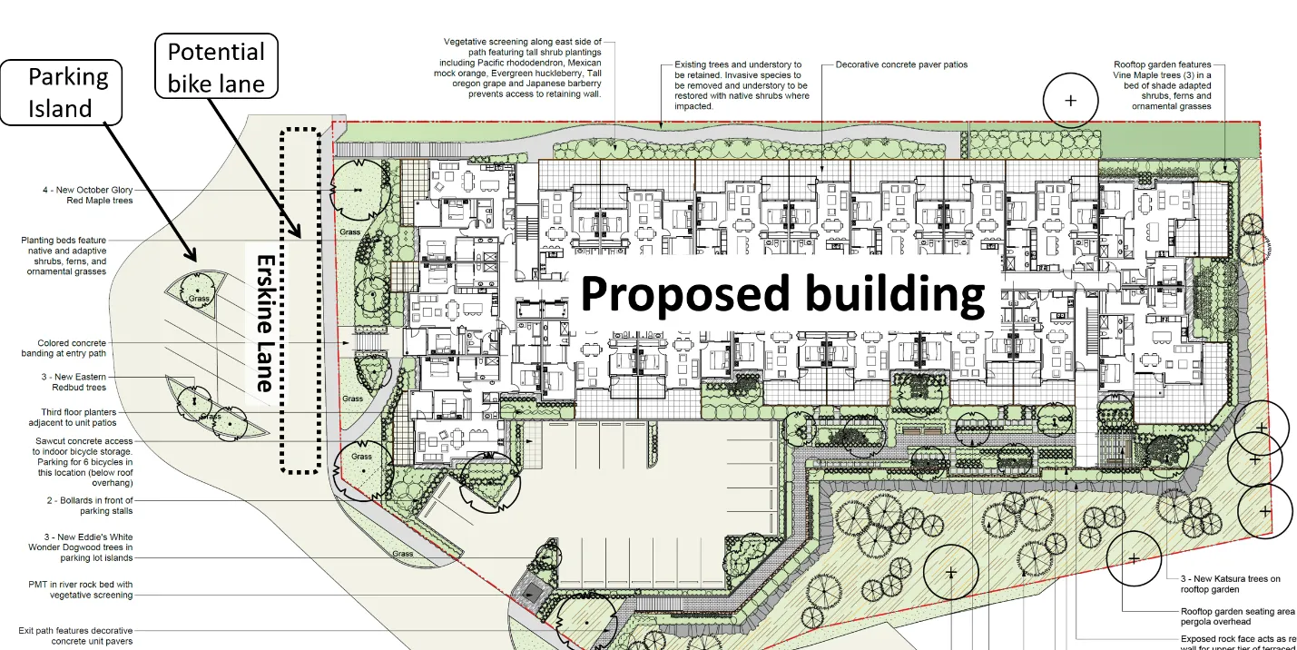 Site plan highlight showing the proposed parking island and potential bike lane location along Erskine Lane