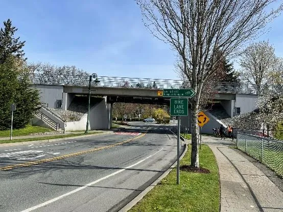 Helmcken Rd at E&N Rail Trail showing a separated sidewalk