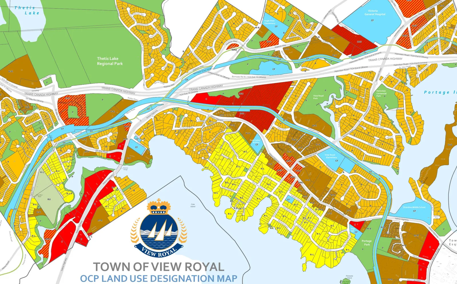 Town of View Royal OCP Land Use Designation Map highlighting locations of future RapidBus stops with blue star icons