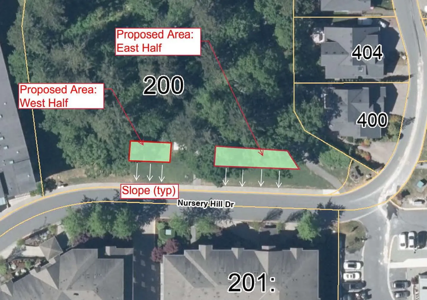 Aerial view of proposed location divided into west and east halves