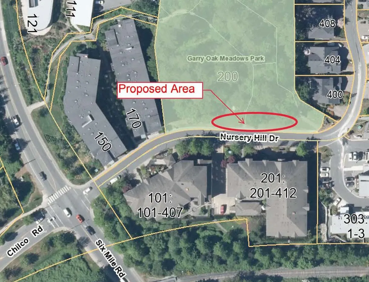 Site plan showing the proposed area on Nursery Hill Drive near Garry Oak Meadows Park