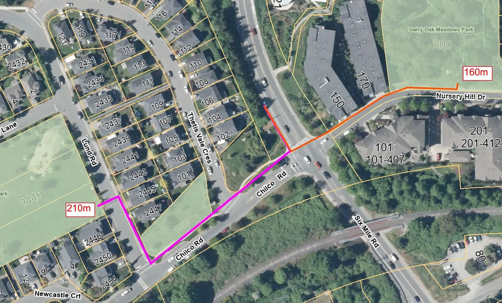 Map showing the locations of Chilco Park and the proposed Nursery Hill Drive park