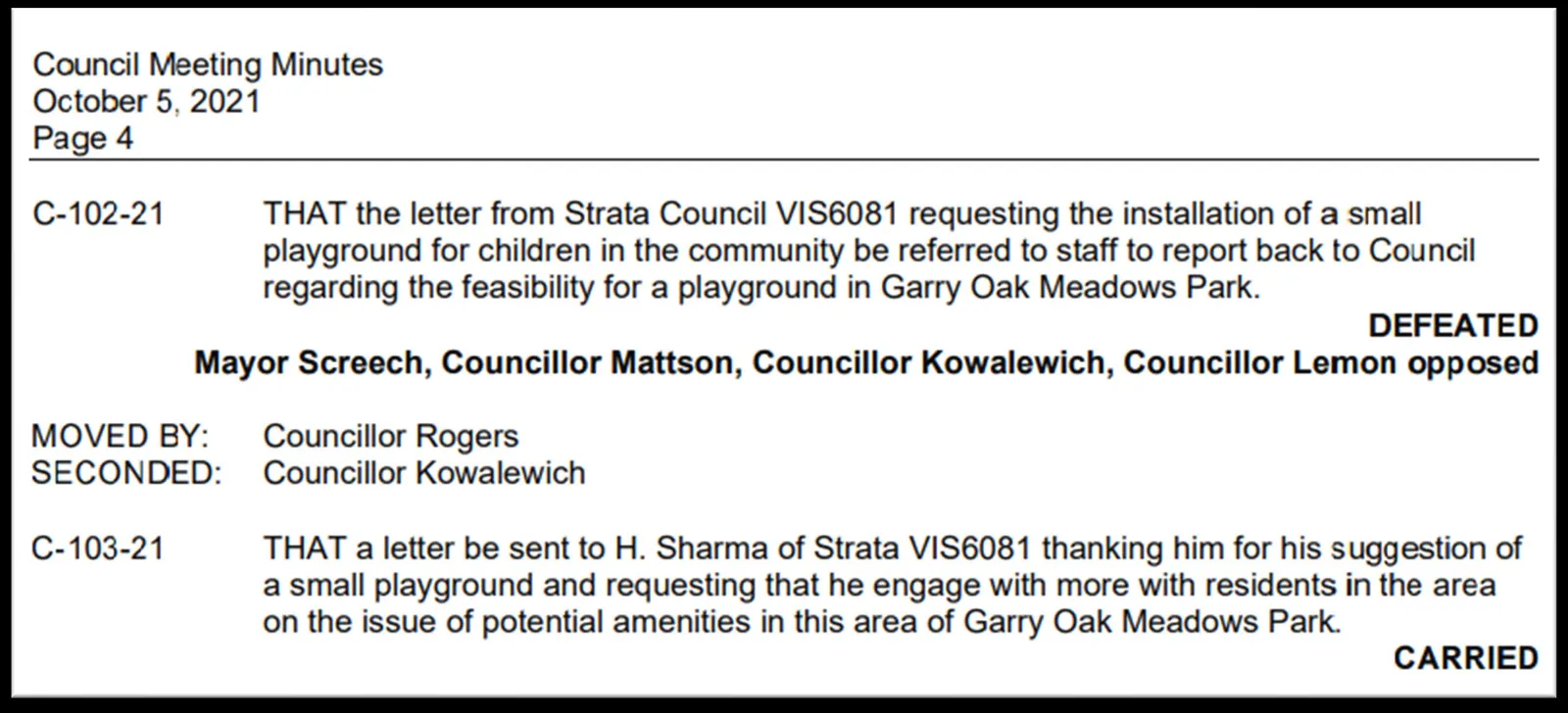 Excerpt from Council Meeting Minutes dated October 5, 2021, showing motions C-102-21 (Defeated) and C-103-21 (Carried) regarding a playground request