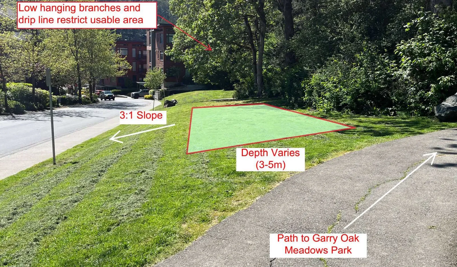 Photograph of the East Half of the site showing a 3:1 slope, varying depth of 3-5m, and the path to Garry Oak Meadows Park