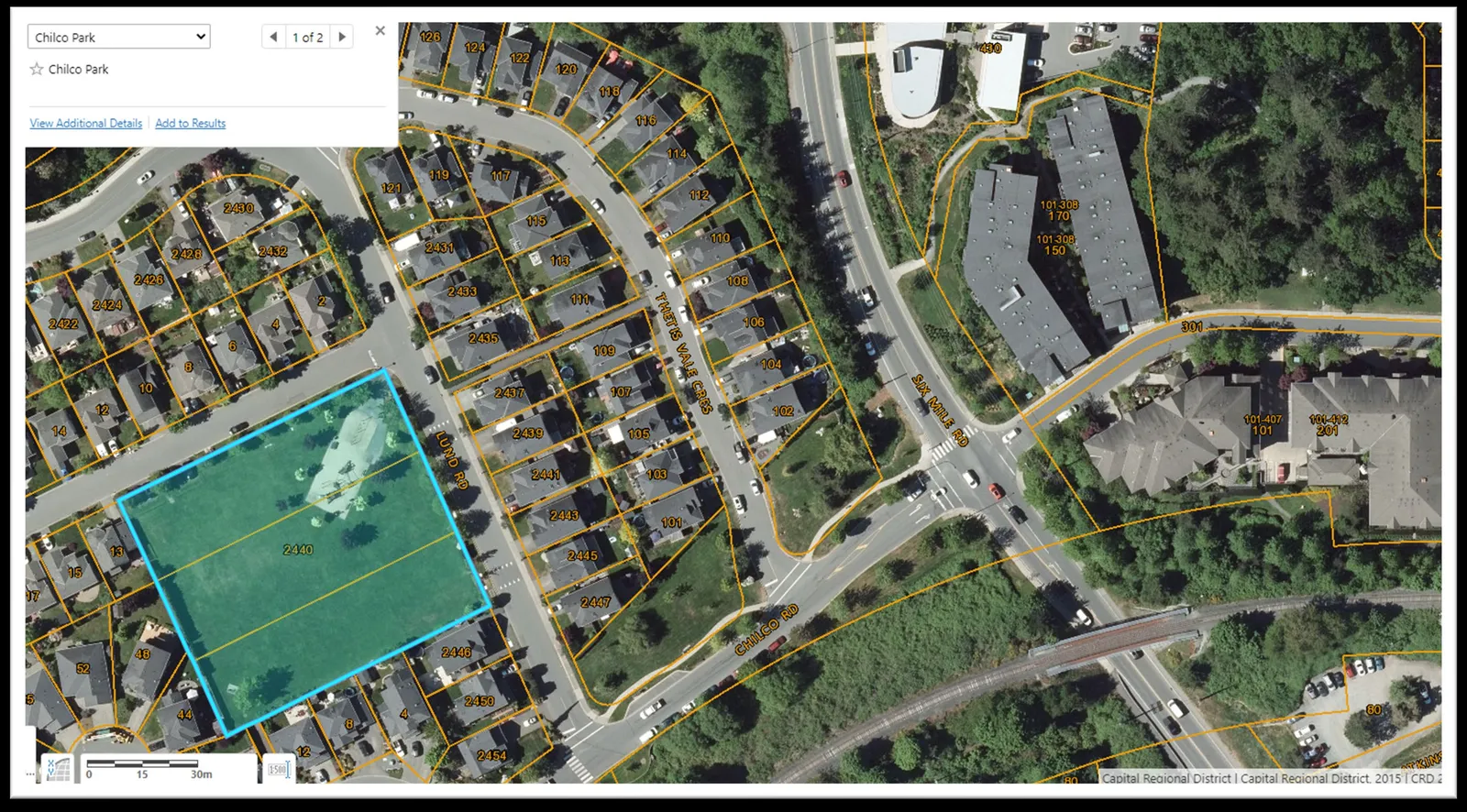 Aerial map of Chilco Park highlighting a large green space as a potential playground location