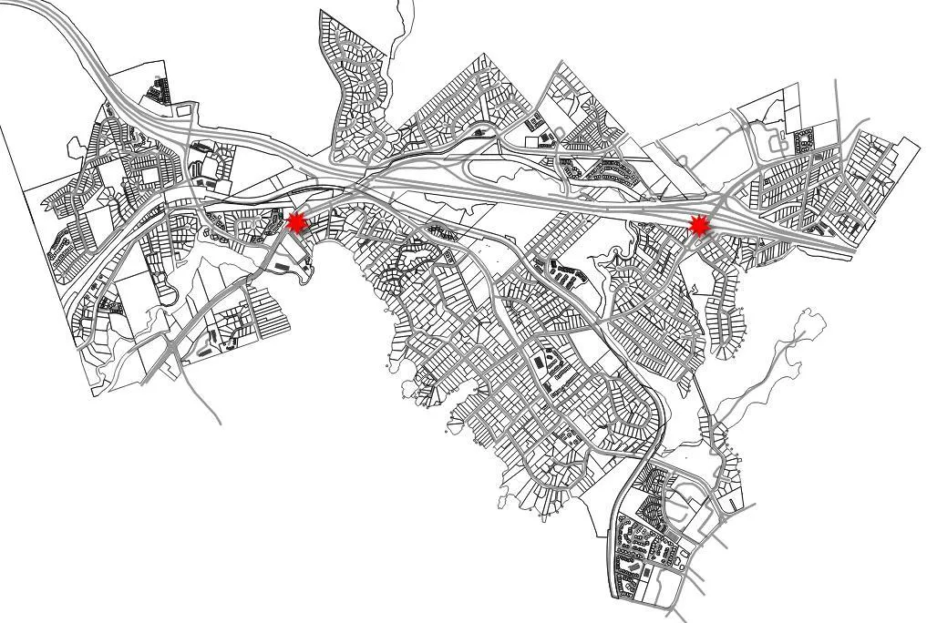 Map of View Royal showing the Urban Containment Boundary with red stars indicating the locations of the Atkins Road and Helmcken Road transit stations.