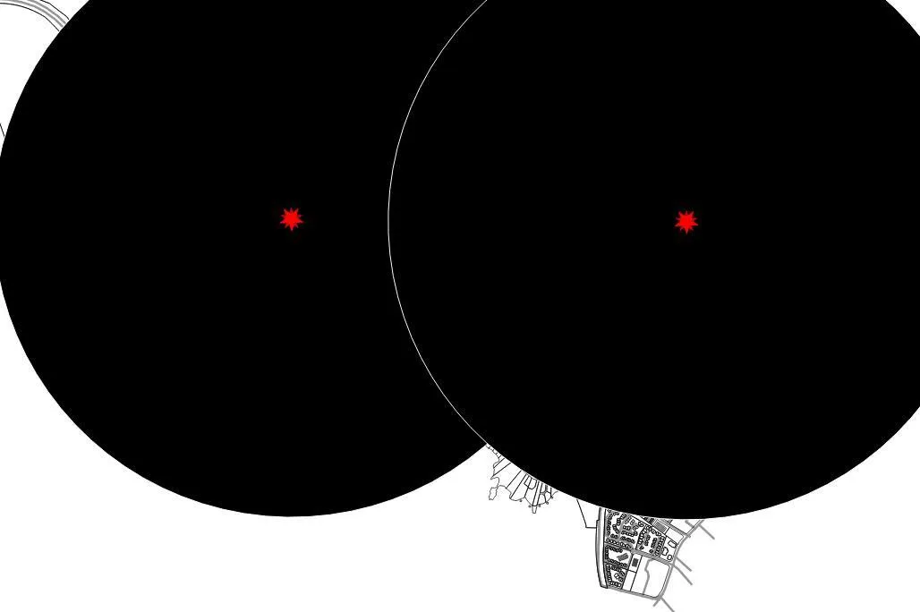 Map of View Royal with large black circular overlays representing a 1.5km radius around the two transit stations, covering most of the municipality.