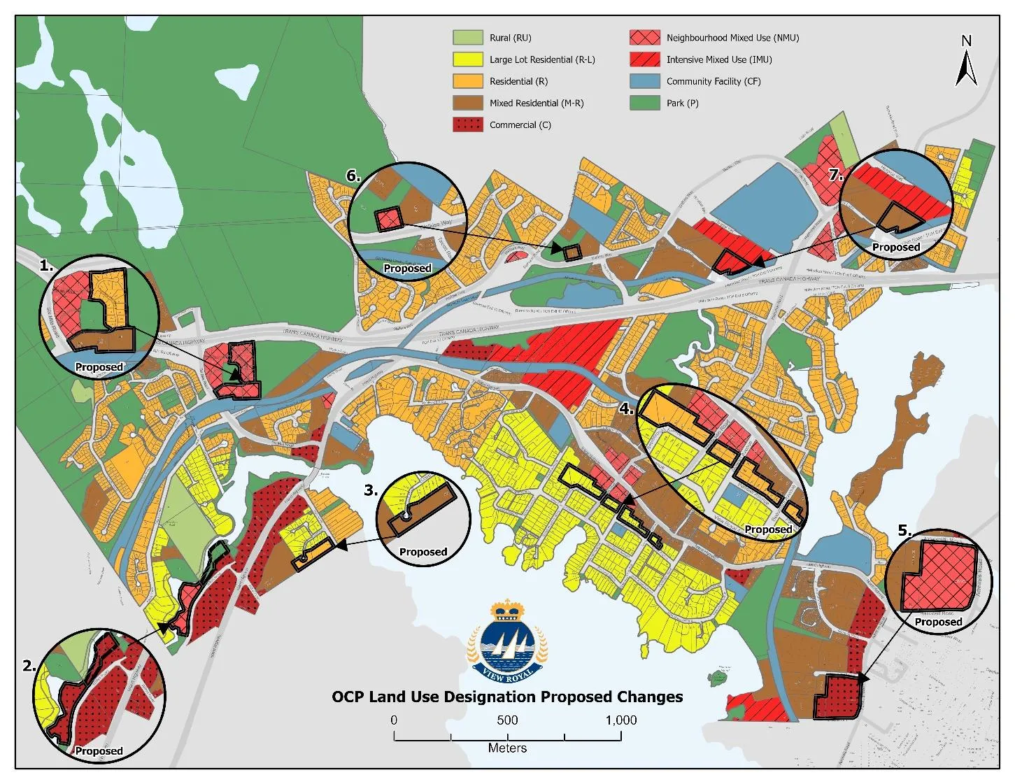 Map of OCP Land Use Designation Proposed Changes showing various residential, commercial, and mixed-use categories