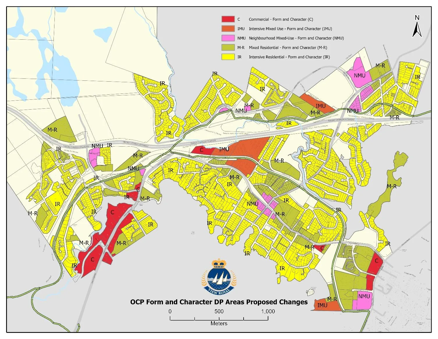 Map of OCP Form and Character Development Permit Areas Proposed Changes including Commercial, Intensive Mixed Use, and Intensive Residential categories