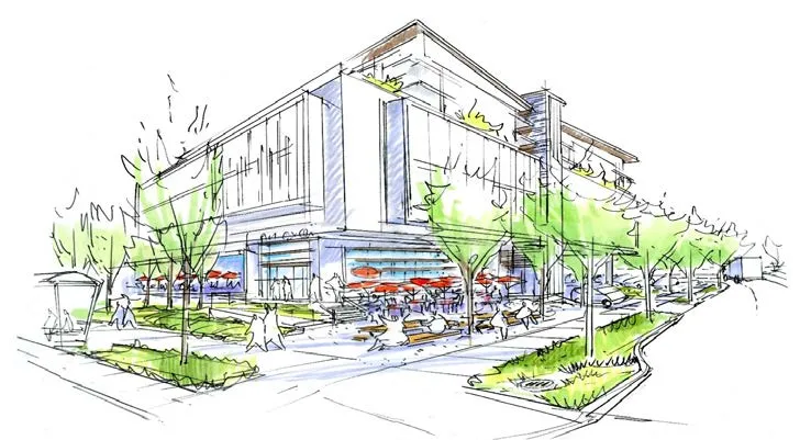 Artist rendering of a future View Royal Town Centre featuring a central public plaza and clock tower