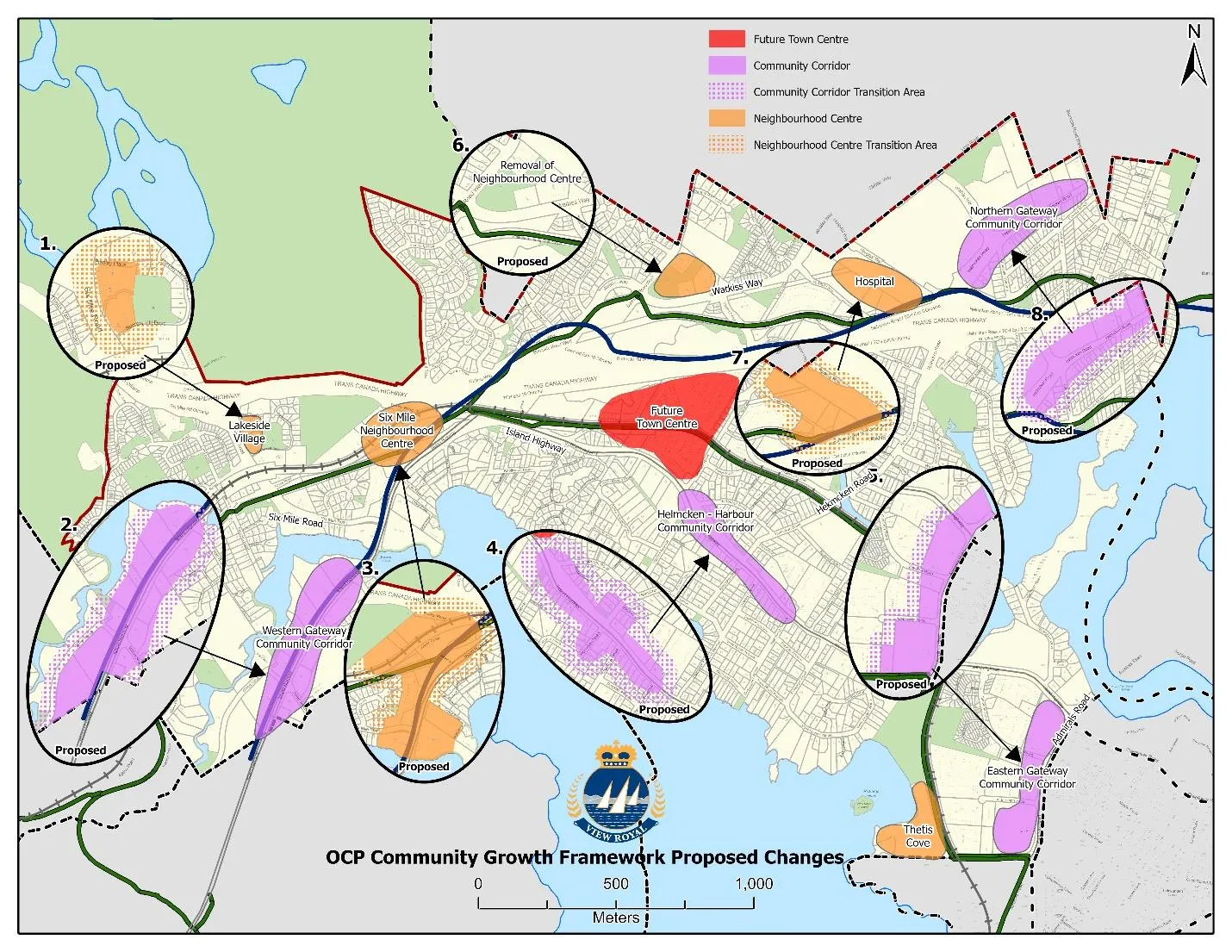 Map of OCP Community Growth Framework Proposed Changes showing Future Town Centre, Community Corridors, and Transition Areas