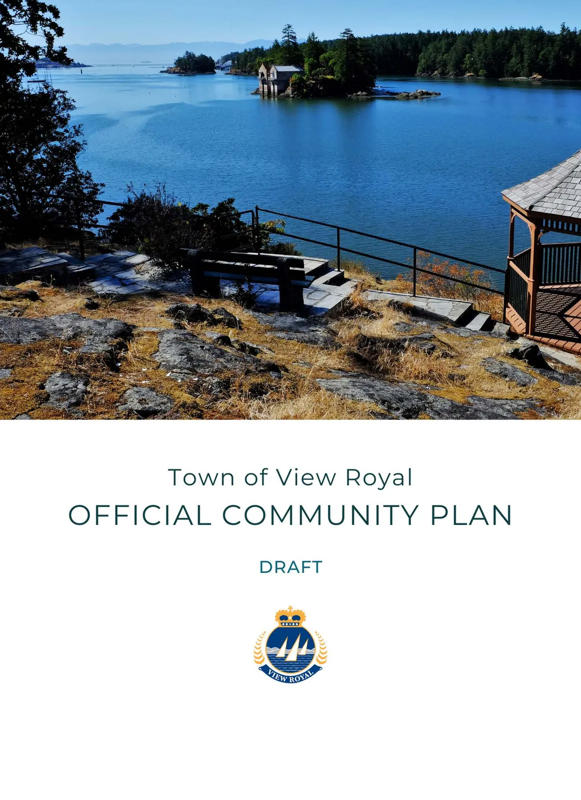 Full-page cover with a coastal landscape featuring a gazebo, a small island with a building, and calm waters