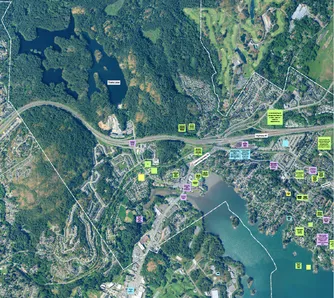 Aerial view map of View Royal with various colored markers indicating engagement locations