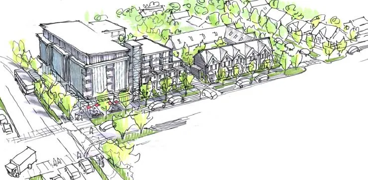 Artistic sketch showing a potential garden suite in a suburban residential backyard