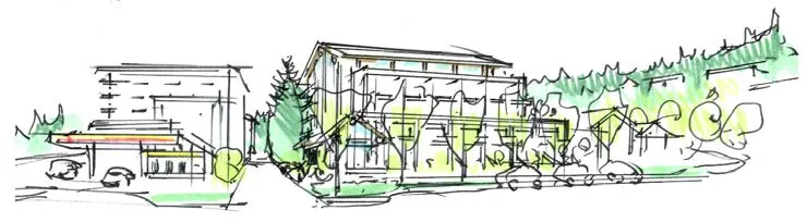 Architectural rendering of a mixed-use building with ground-floor commercial and upper-level residential
