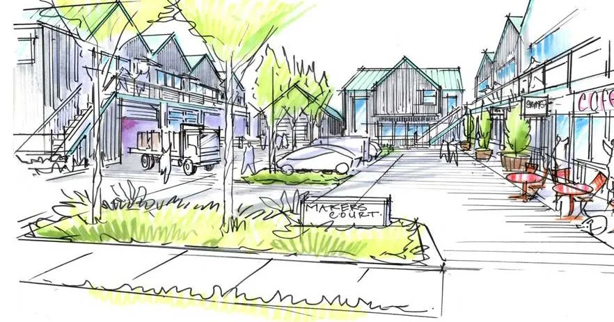 Artistic rendering of a vision for the View Royal Town Centre, featuring public plazas and mixed-use buildings