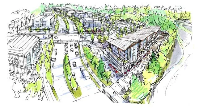 Artistic rendering of 'Maker Spaces' with small workshops and integrated retail along a Community Corridor