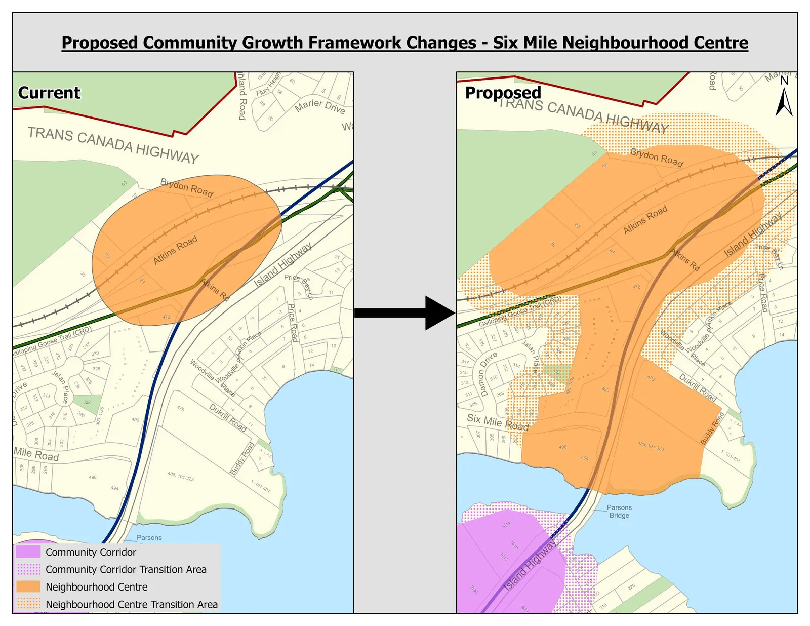 Map of Proposed Community Growth Framework Changes for Six Mile Neighbourhood Centre, showing current and proposed boundaries for Community Corridor, Community Corridor Transition Area, Neighbourhood Centre, and Neighbourhood Centre Transition Area.