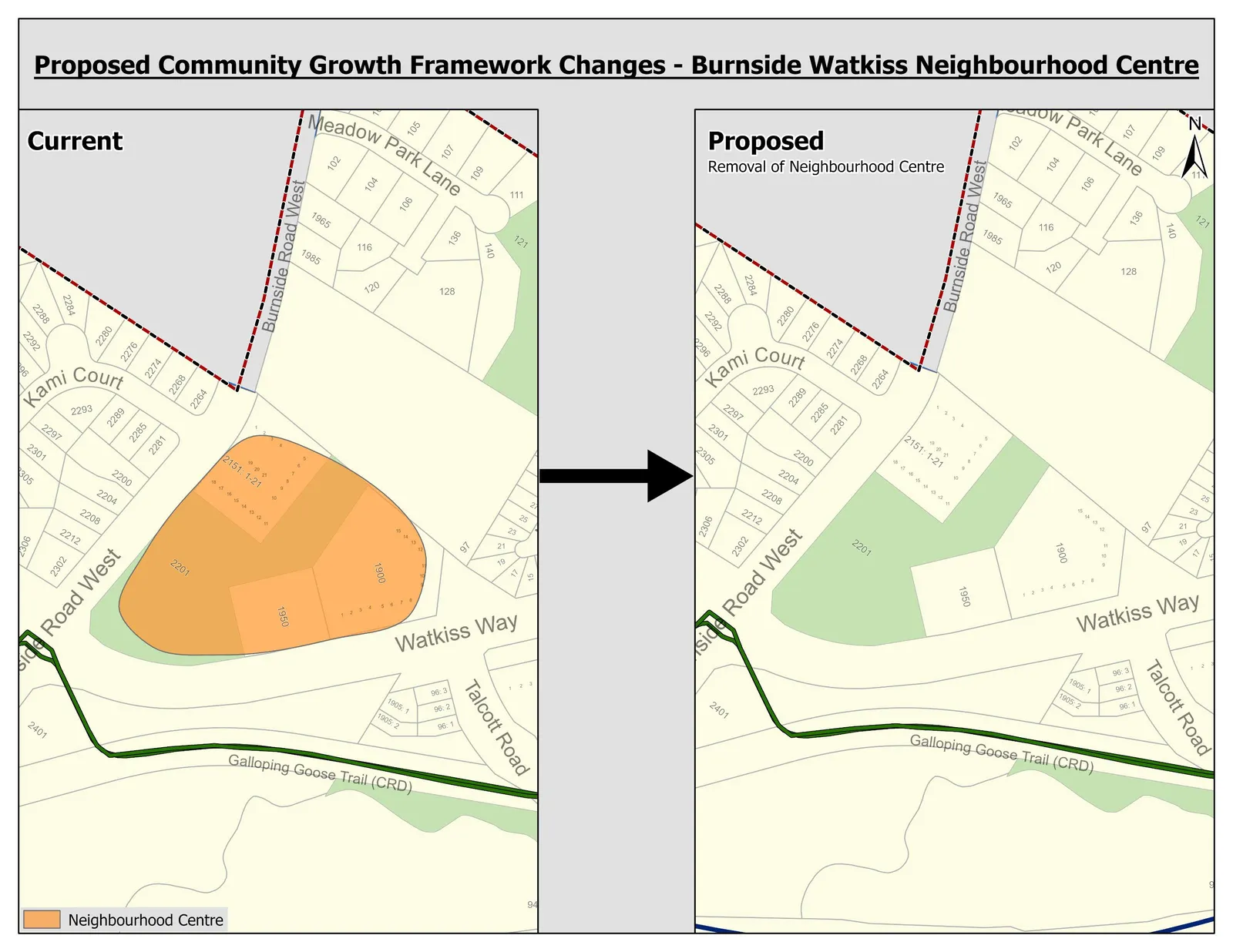 Map of Proposed Community Growth Framework Changes for Burnside Watkiss Neighbourhood Centre, illustrating the current state and the proposed removal of the Neighbourhood Centre designation.