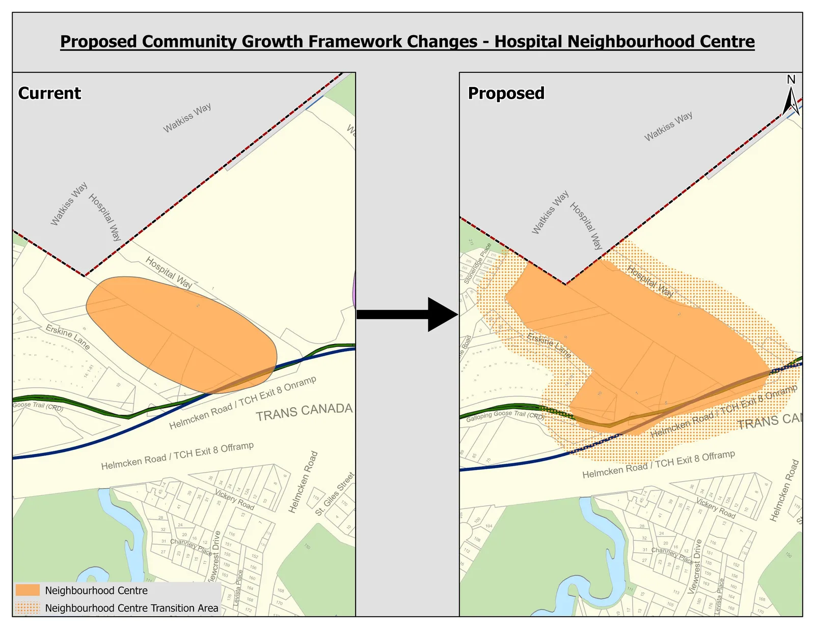 Map of Proposed Community Growth Framework Changes for Hospital Neighbourhood Centre, showing current and proposed boundaries for the Neighbourhood Centre and Neighbourhood Centre Transition Area.