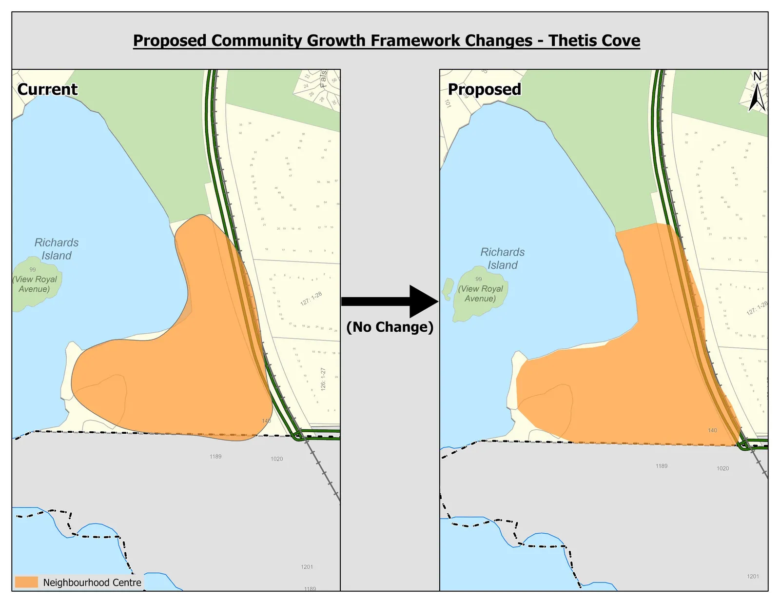 Map of Proposed Community Growth Framework Changes for Thetis Cove, showing the current and proposed state with a note of "(No Change)" to the Neighbourhood Centre area.
