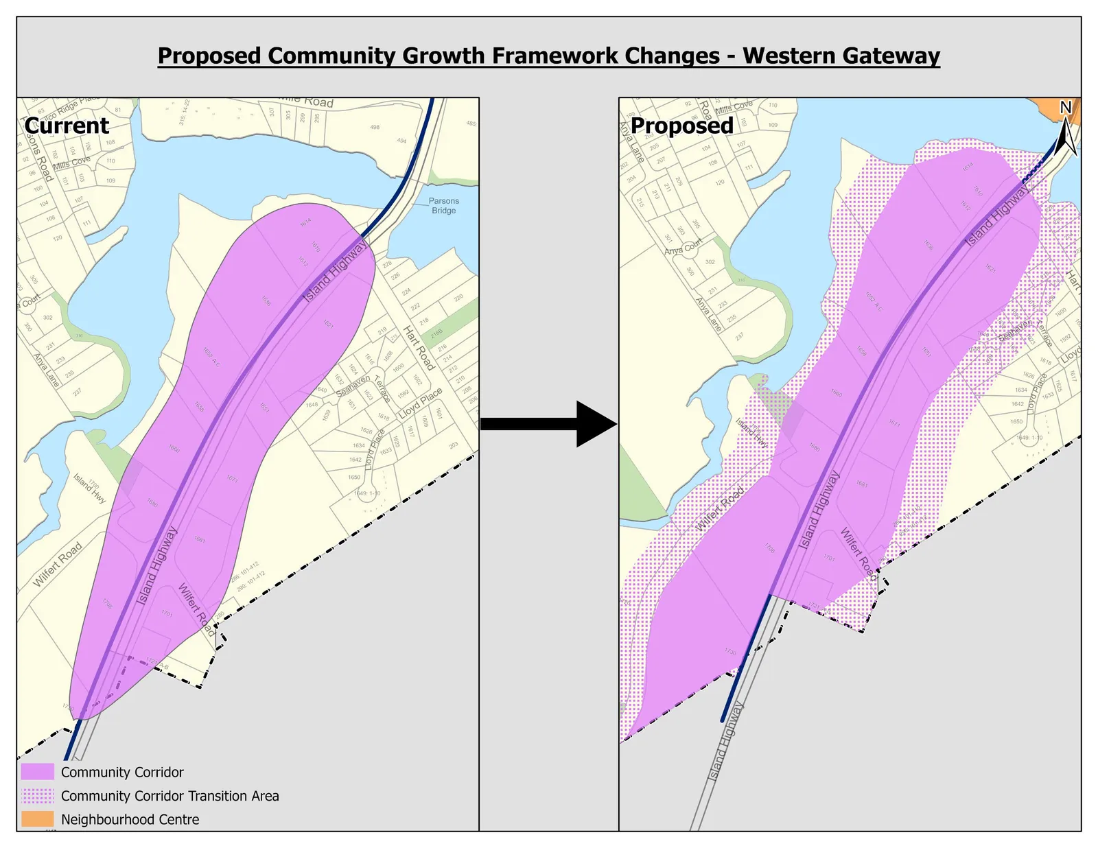 Map of Proposed Community Growth Framework Changes for Western Gateway, showing current and proposed boundaries for the Community Corridor, Community Corridor Transition Area, and Neighbourhood Centre.