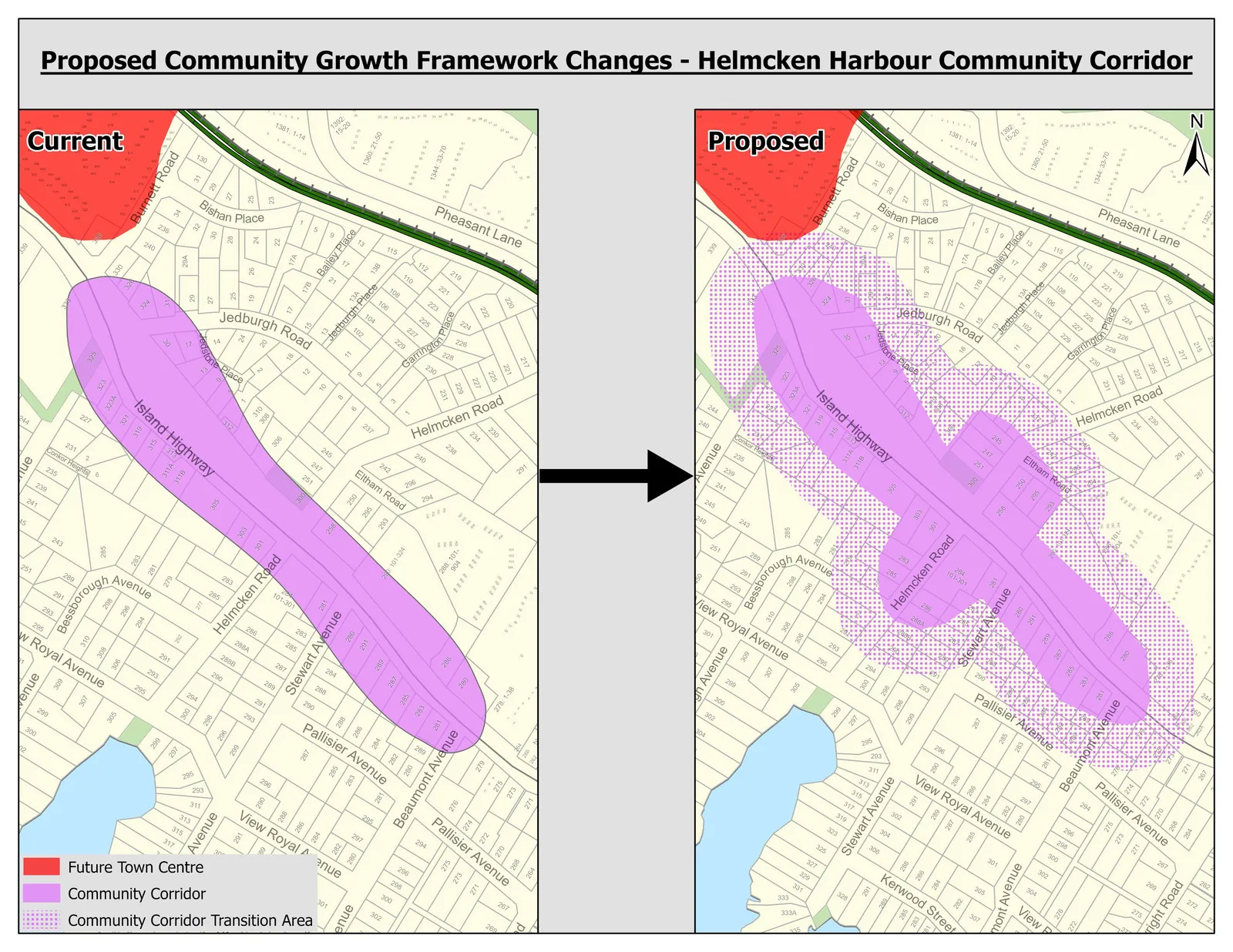 Map of Proposed Community Growth Framework Changes for Helmcken Harbour Community Corridor, showing current and proposed boundaries for Future Town Centre, Community Corridor, and Community Corridor Transition Area.