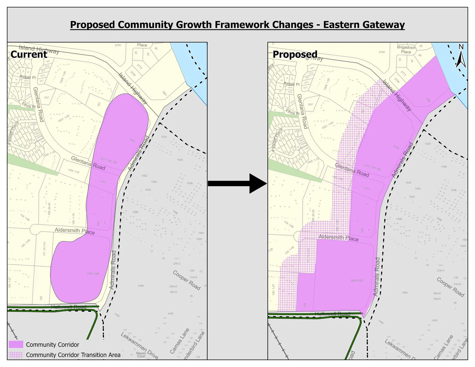 Map of Proposed Community Growth Framework Changes for Eastern Gateway, showing current and proposed boundaries for the Community Corridor and Community Corridor Transition Area near Admirals Road.