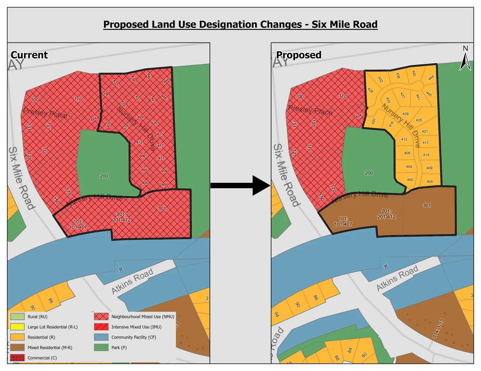 Detailed map of Proposed Land Use Designation Changes for Six Mile Road, showing current and proposed changes from Neighbourhood Mixed Use (NMU) and Park (P) to Residential (R) and Mixed Residential (M-R) for properties on Presley Place, Nursery Hill Drive, and Six Mile Road.