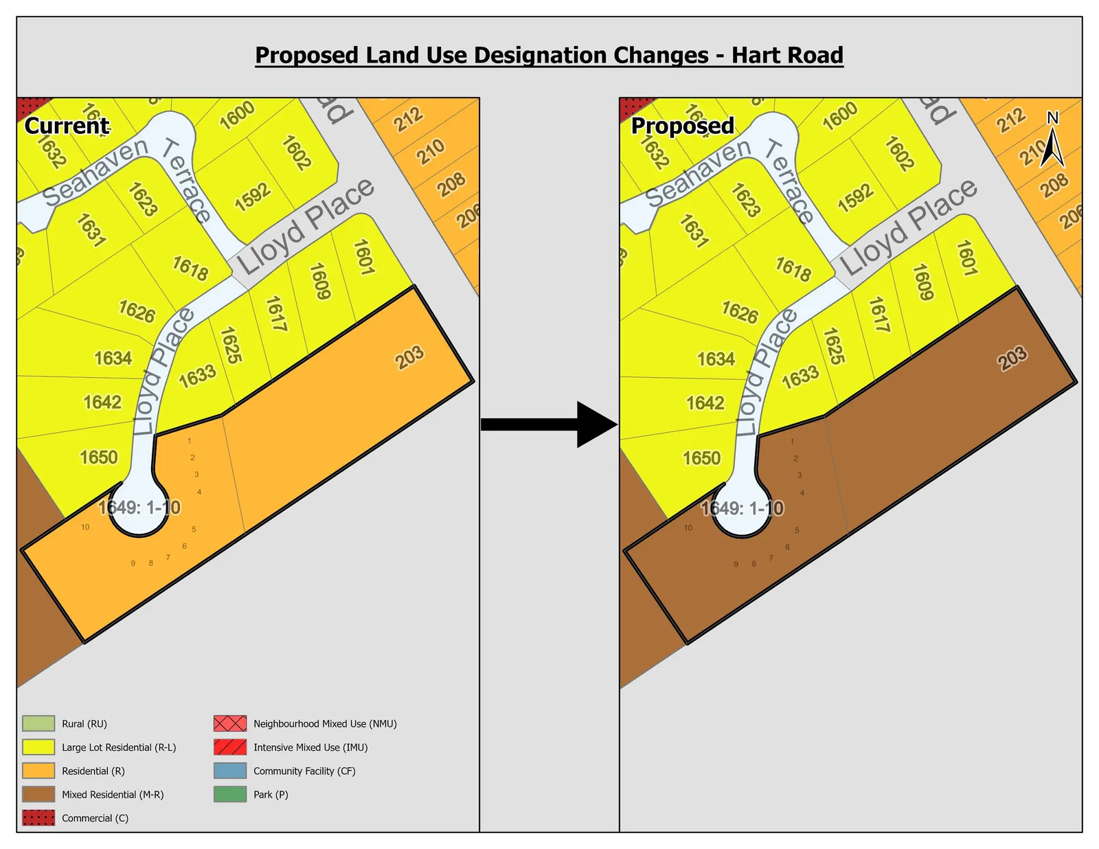 Detailed map of Proposed Land Use Designation Changes for Hart Road, showing current and proposed changes from Residential (R) to Mixed Residential (M-R) for properties on Seahaven Terrace and Lloyd Place.