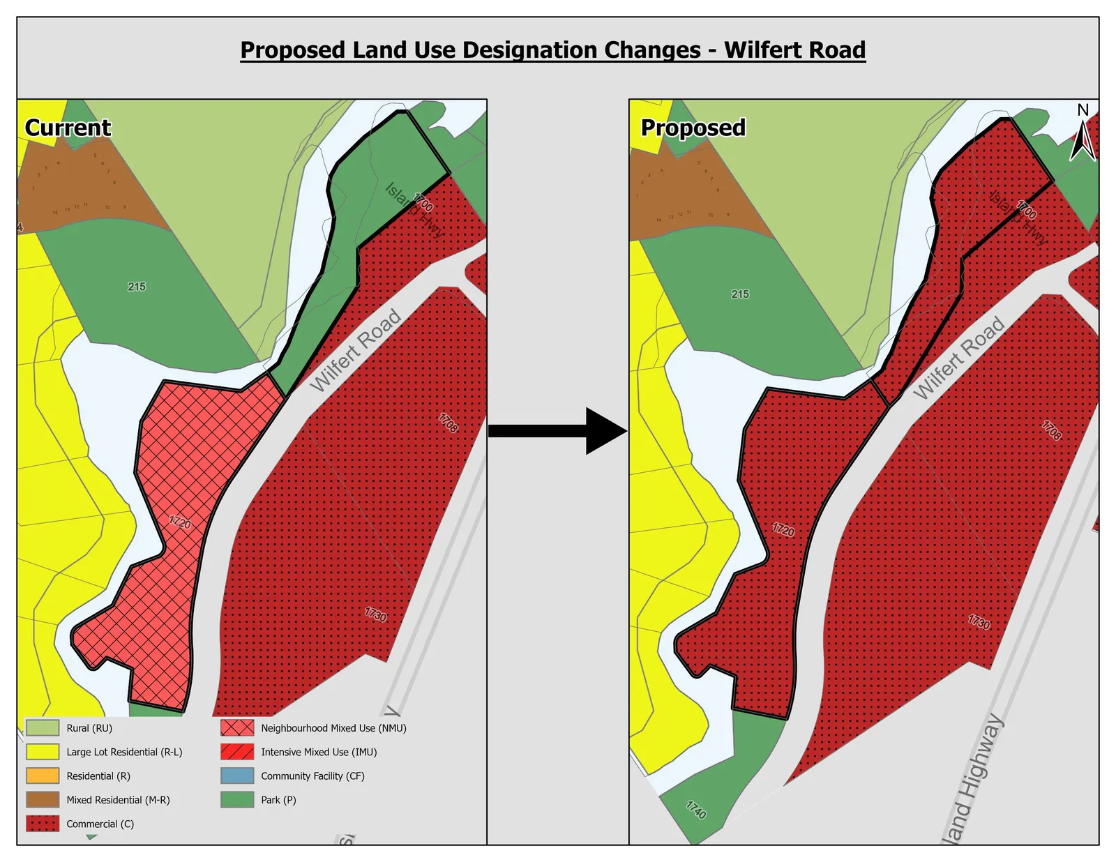 Map showing the current and proposed land use designation changes for the Wilfert Road Area, depicting a transition from Neighbourhood Mixed Use to Commercial for specific parcels.