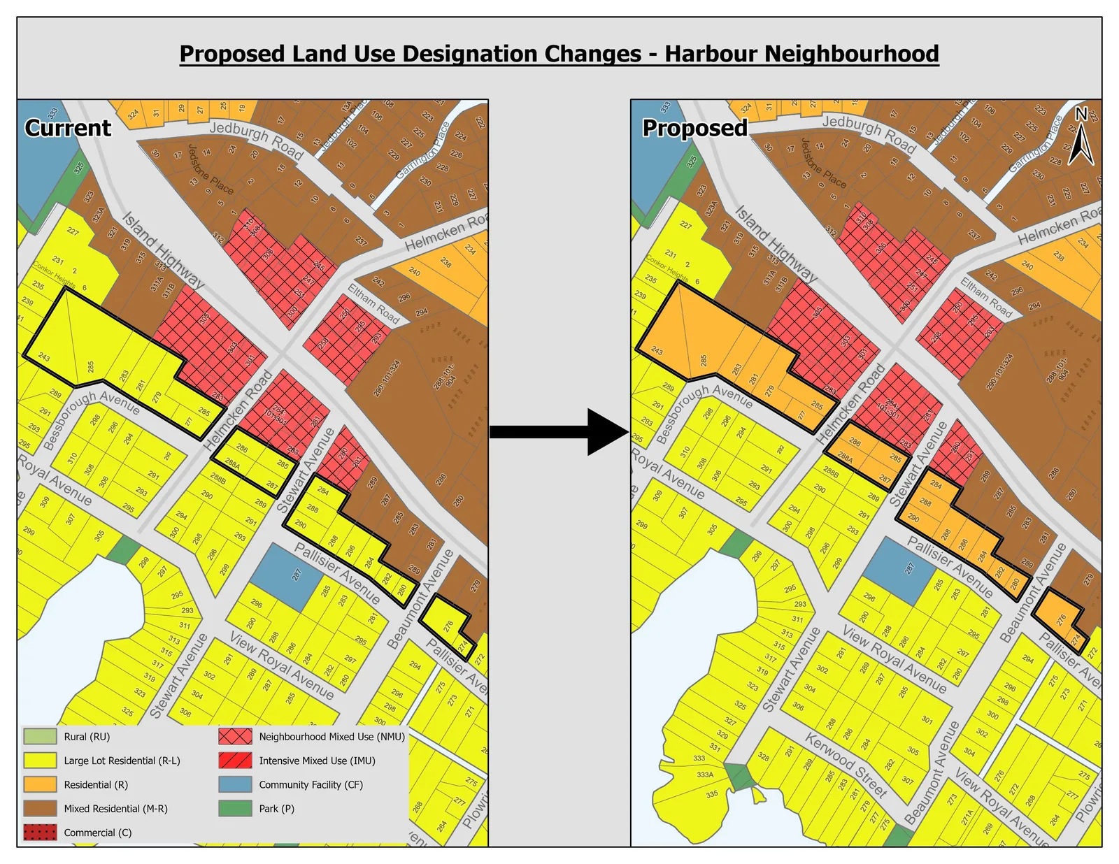 Map showing the current and proposed land use designation changes for the Harbour Neighbourhood Area, with various parcels along Bessborough Avenue, Stewart Avenue, and Pallisier Avenue being re-designated to Residential or Mixed Residential.