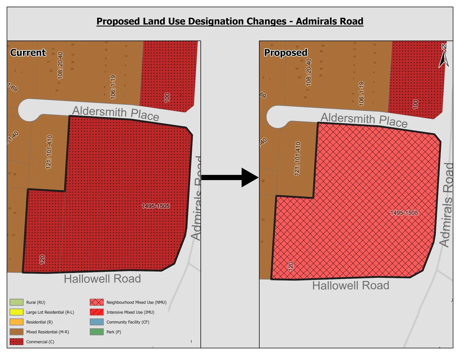Map showing the current and proposed land use designation changes for the Admirals Road Area, specifically parcel 1495-1505 changing from Commercial to Neighbourhood Mixed Use.