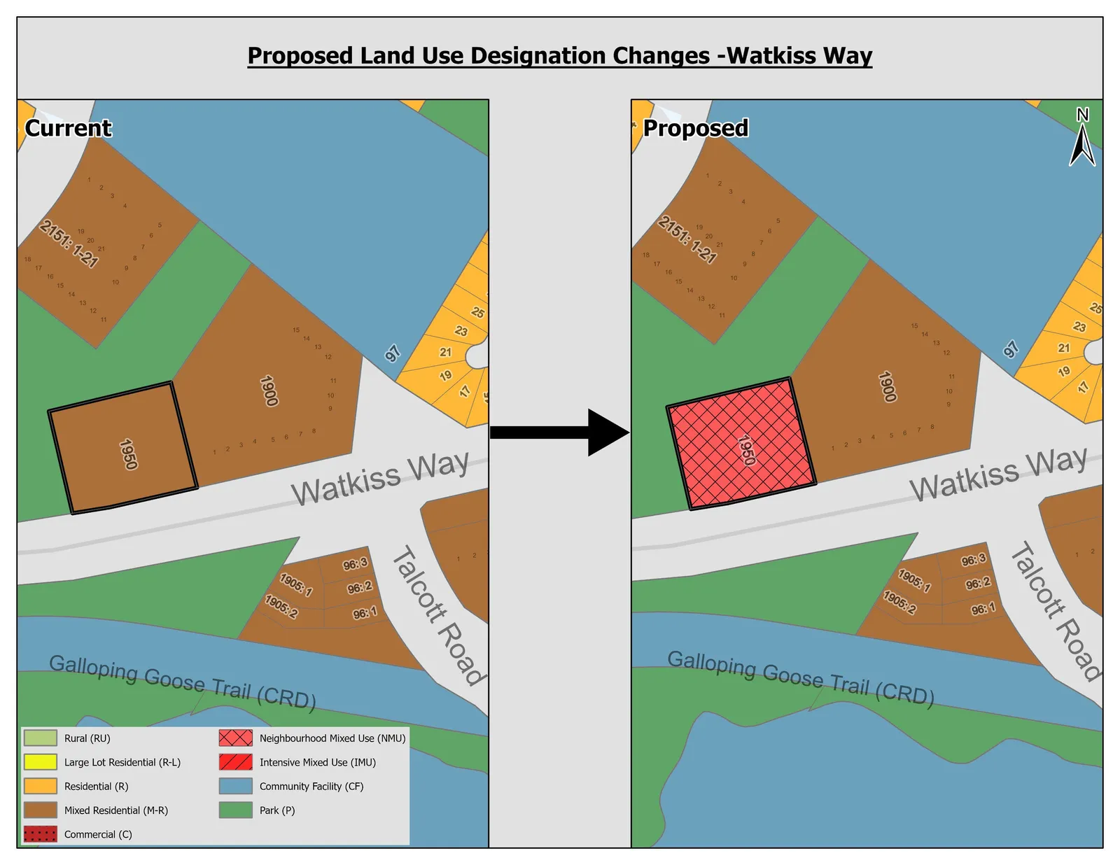 Map showing the current and proposed land use designation changes for the Watkiss Way Area, specifically parcel 1950 changing from Mixed Residential to Neighbourhood Mixed Use.