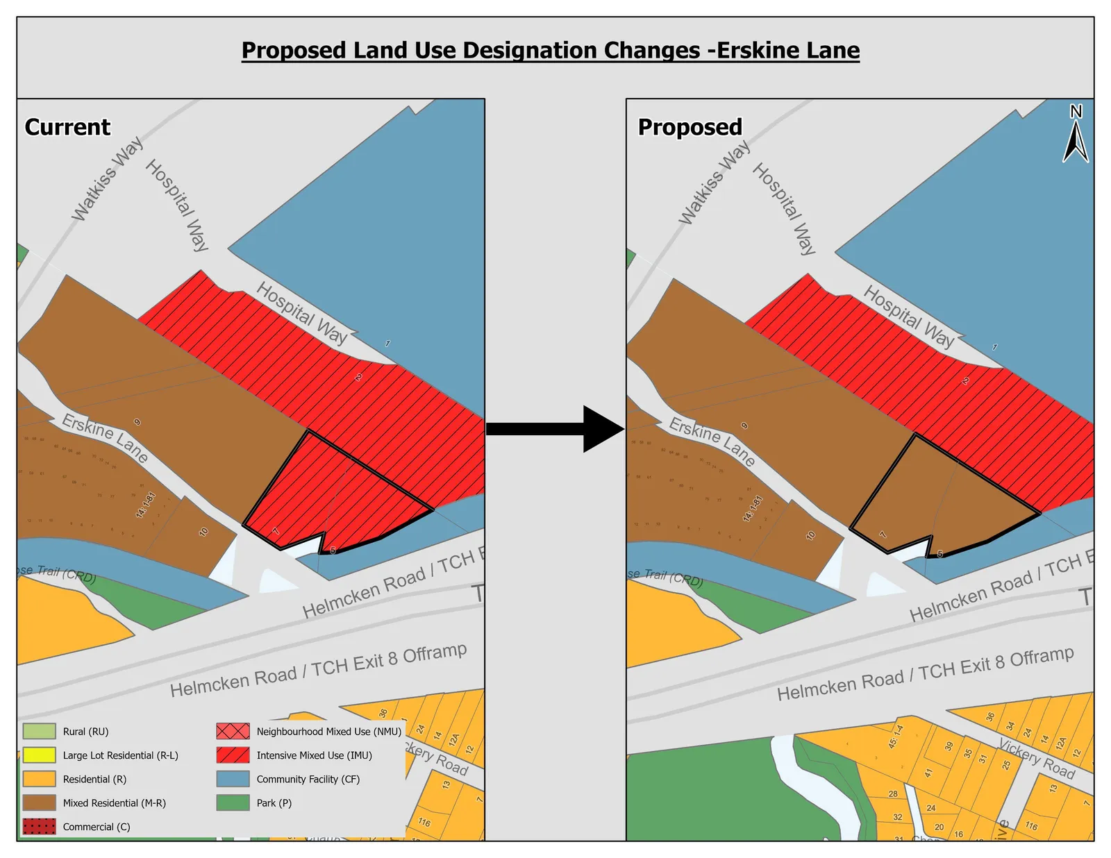 Map showing the current and proposed land use designation changes for the Erskine Lane Area, highlighting a parcel changing from Intensive Mixed Use to Mixed Residential.
