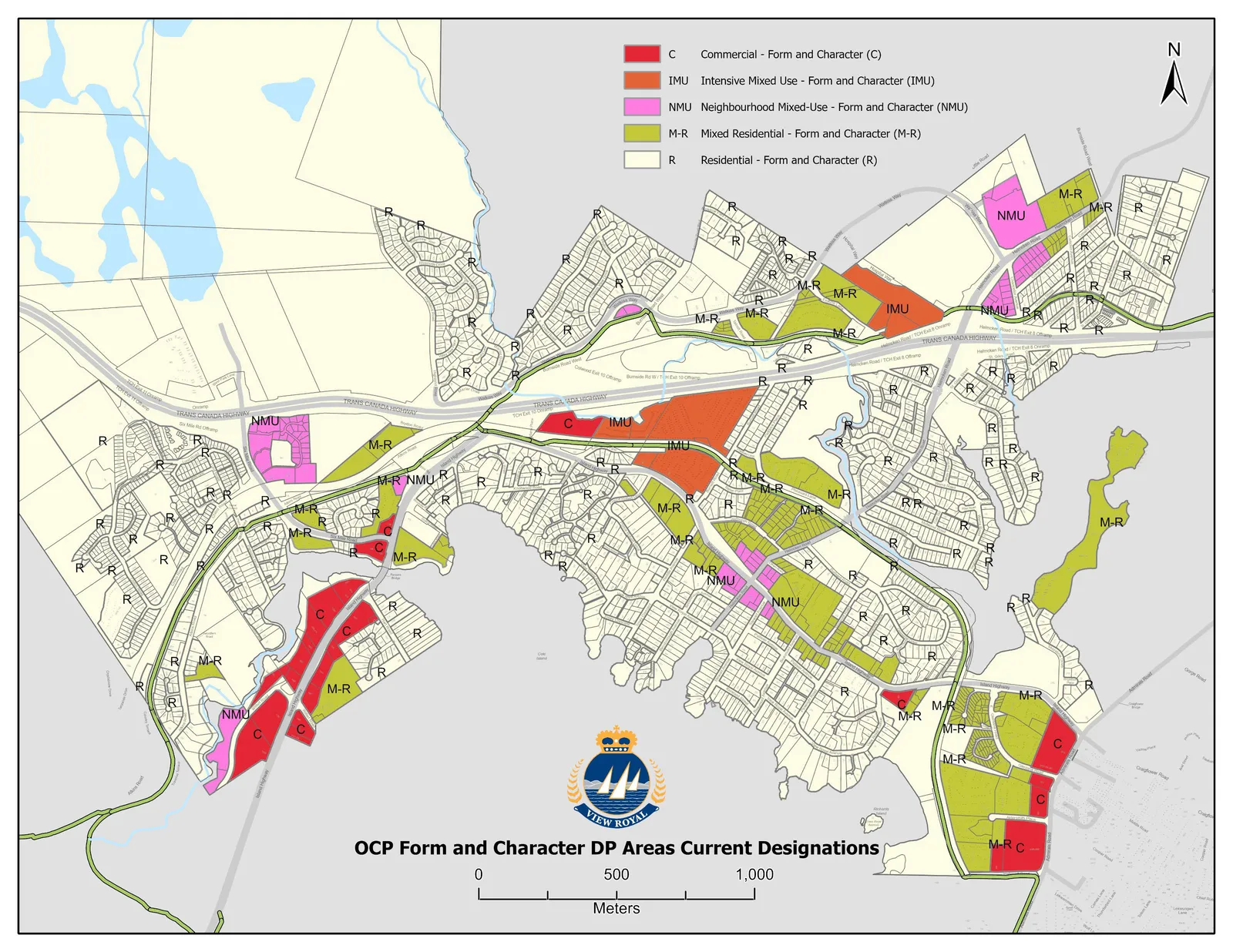 Map of "OCP Form and Character DP Areas Current Designations" showing the location of Commercial, Intensive Mixed Use, Neighbourhood Mixed Use, Mixed Residential, and Residential permit areas across the municipality.