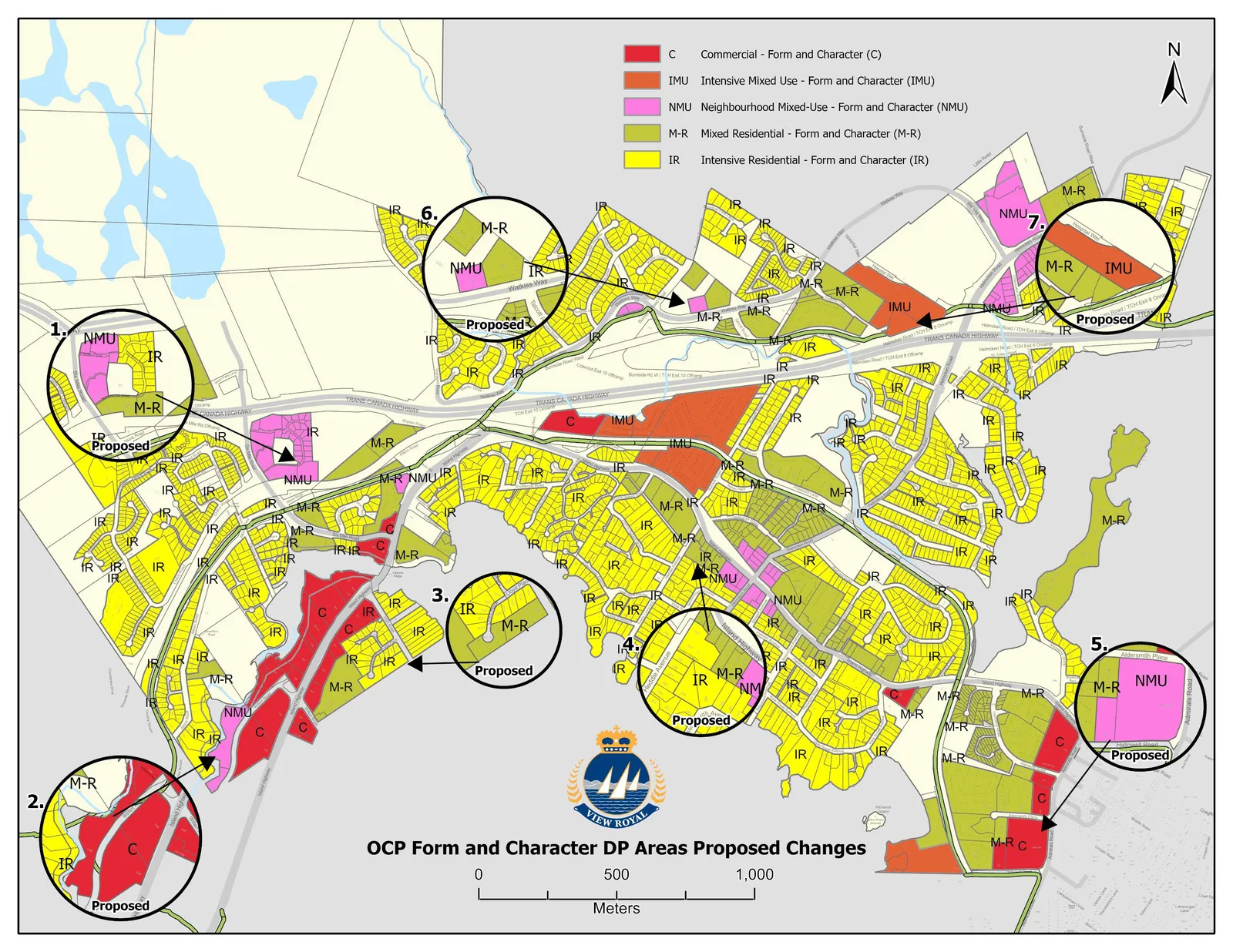 Map showing numbered callouts for Proposed Changes to OCP Form and Character Development Permit Areas