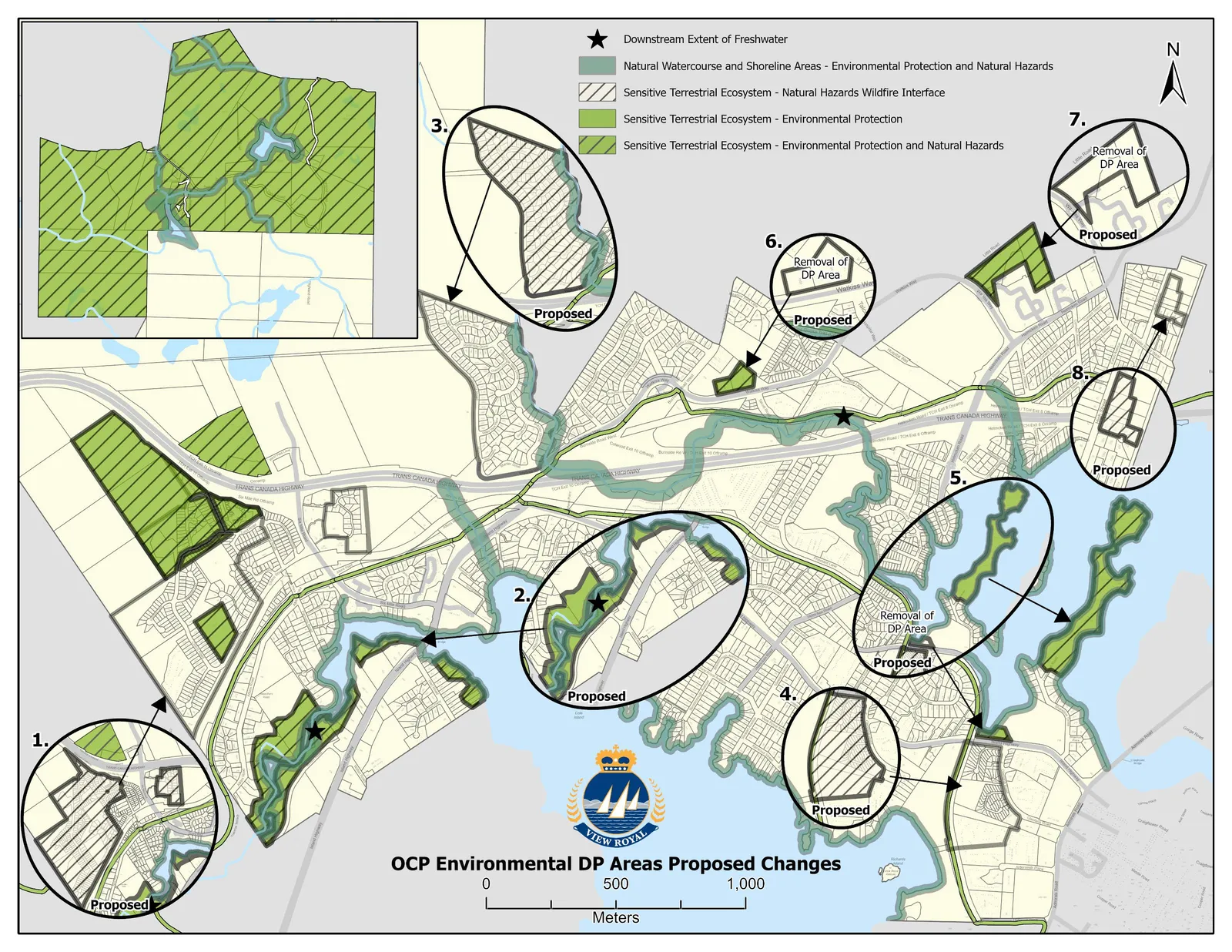 Map showing numbered callouts for Proposed Changes to OCP Environmental Development Permit Areas
