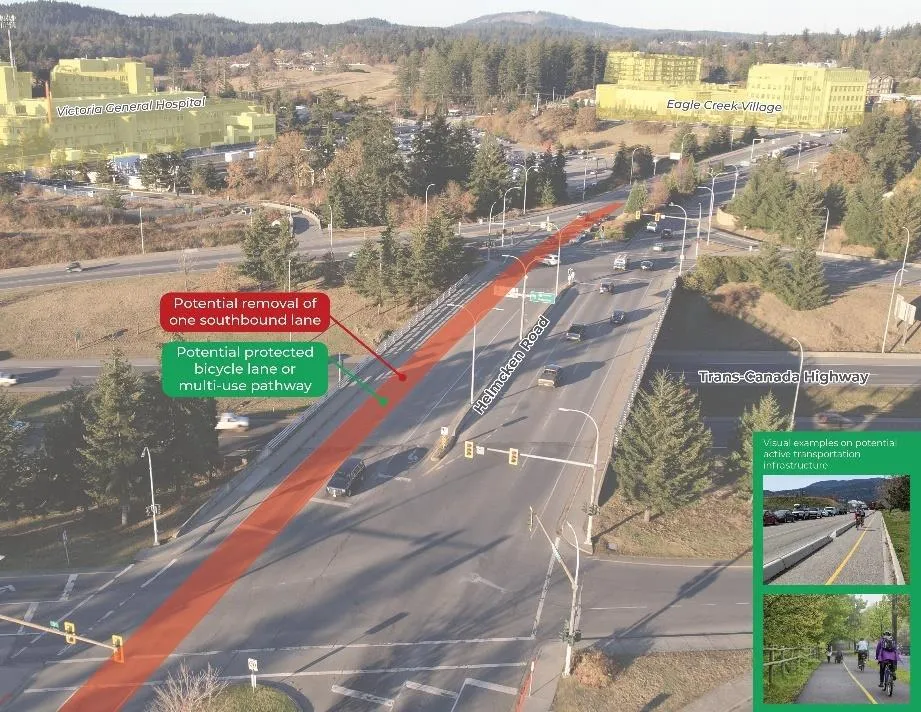 Aerial view rendering of Helmcken Road Interchange improvements showing the potential removal of one southbound lane and the addition of a potential protected bicycle lane or multi-use pathway, including inset visual examples of active transportation infrastructure.