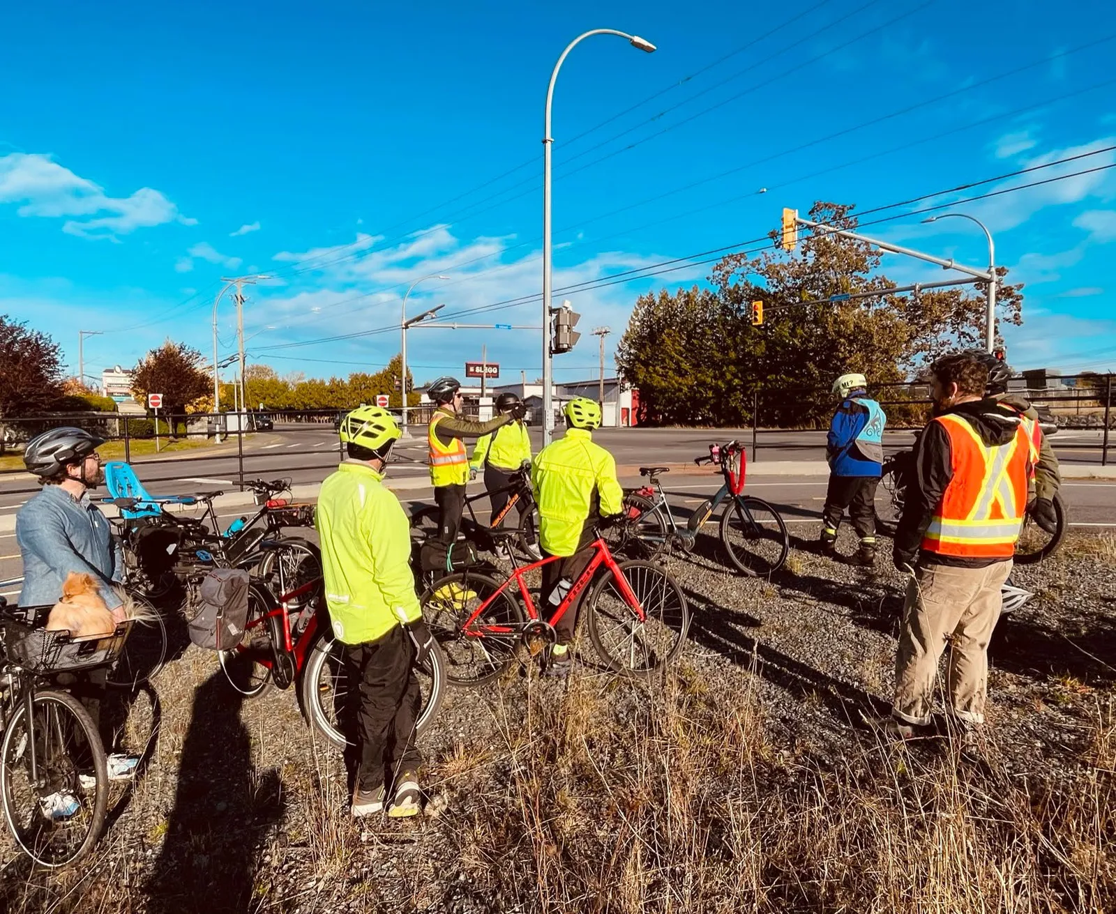 Cover photo of a group of people on a "bikeshop tour" at a road intersection