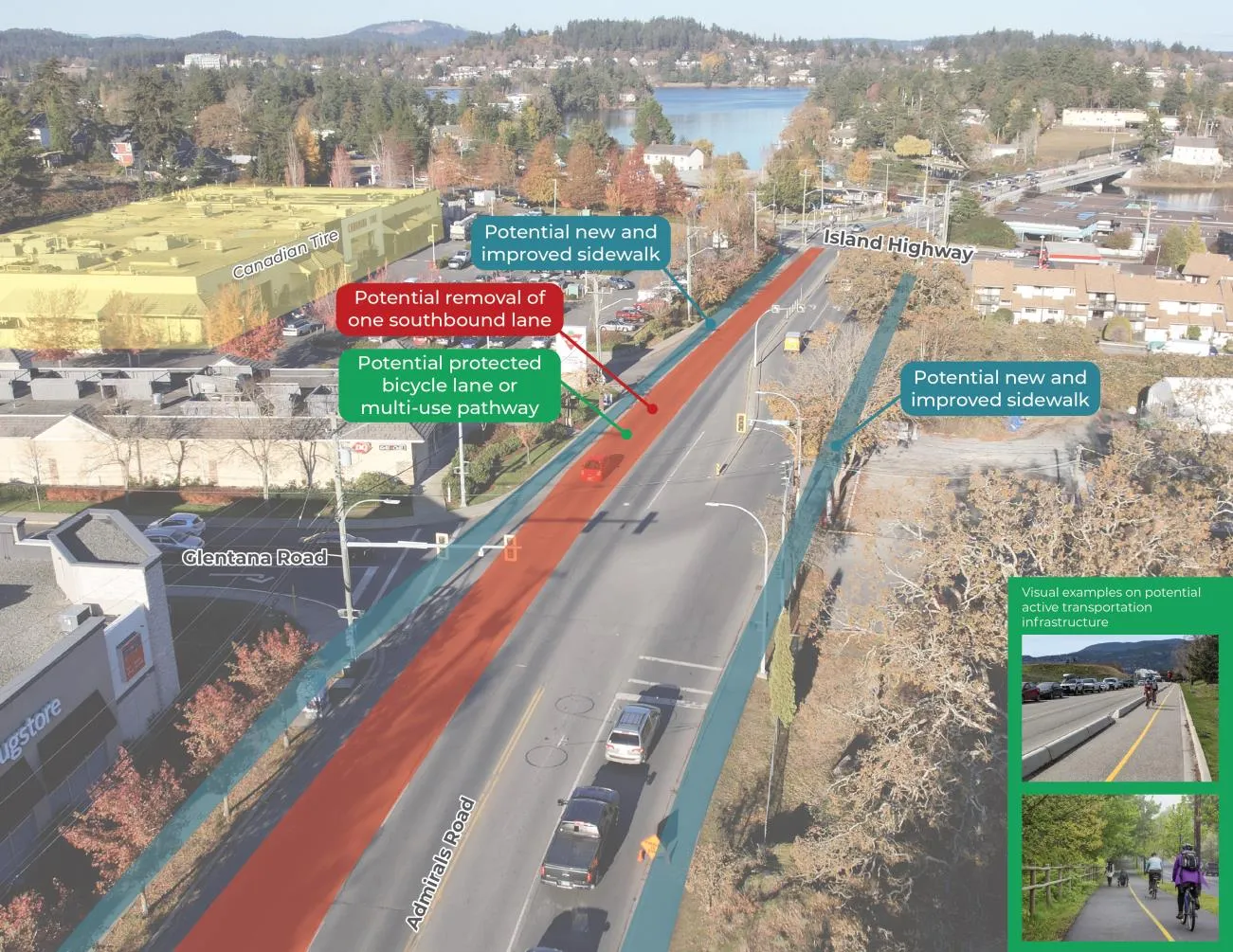 Rendering of proposed improvements on Admirals Road showing protected cycling facilities and new sidewalks